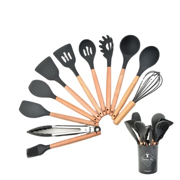 12pcs Silicone Kitchen Utensils Set - Resistant Spatula, Whisk, Brush with Wood Handle