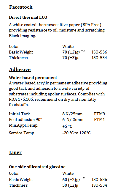 92j1522 Thermal Eco Paper Acrylic White Glassine Tds