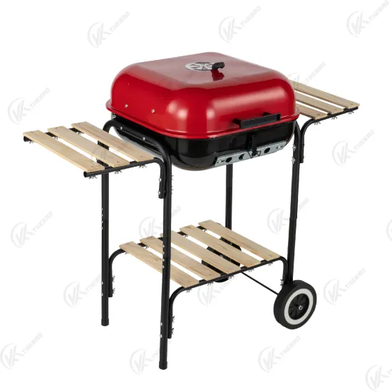 Portable BBQ Grill with Wood Side Table Charcoal Barbecue Grill