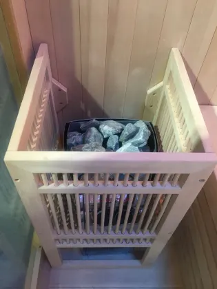 Outdoor Wet Steam Sauna Room with Harvia Stove and Cultured Stone