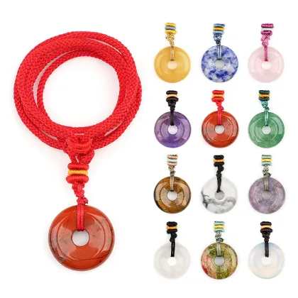 20MM Round Donut Pendant Woven Necklace With Colorful Rope Natural Crystal Circle Donut Pendant Charm Adjustable Choker Necklace