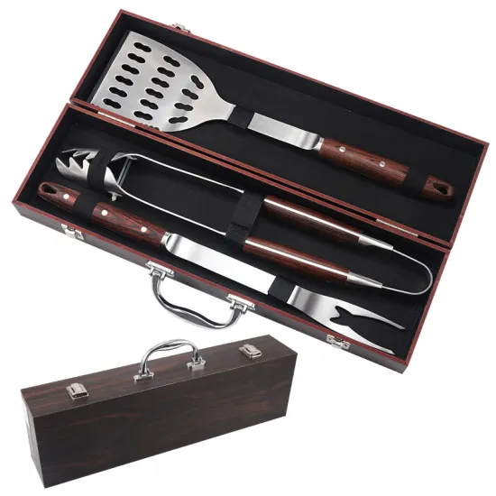 High-Quality 3-Piece Rosewood BBQ Tool Set with Wood Box: Your Ultimate Outdoor Grilling Companion