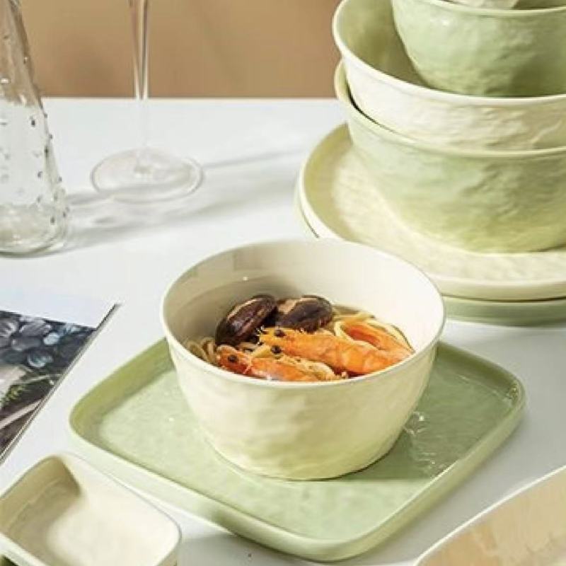 Elegant Asian-Inspired Dinnerware Set with Textured Green Finish