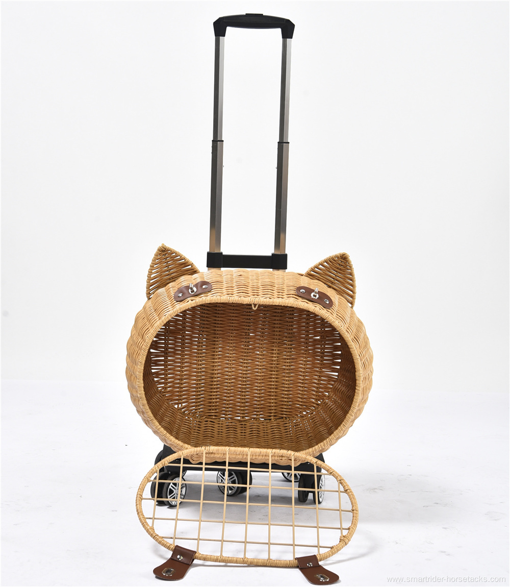 Luxury Dog Pet Travel Carrier Bag Case Rattan Wicker On Wheels Stroller Trolley Cat Travel Carrier Suitcase