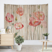 Vintage planken met rode bloem Tapestry muur opknoping verticale gestreepte houten plank wandtapijt voor woonkamer slaapkamer slaapzaal Hom