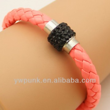 Supply DIY inlaid black rhinestones polymer clay magnetic clasps pink PU leather bracelets women jewelry