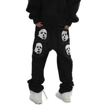 Dark Black Men's Face Printed Straight Leg Vintage Graphic Plus Size Casual Baggy Jeans