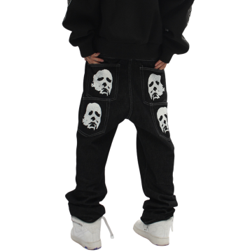 Dark Black Men's Face Printed Straight Leg Vintage Graphic Plus Size Casual Baggy Jeans