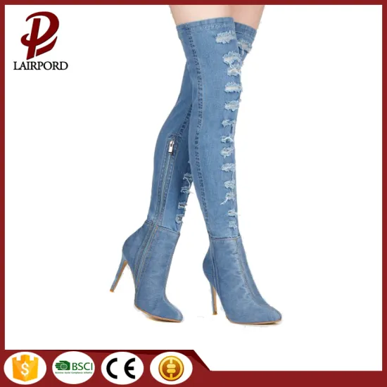 women denim fcbric over knee long boots