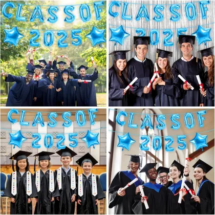 Blue graduation balloons for the class of 2025