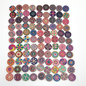 Wholesale 100 PCS Vintage Flower Painting Wooden Buttons - Mixed Random Colors, Round with 2 Holes