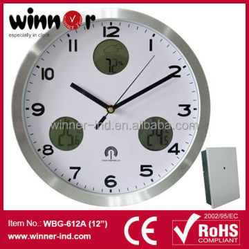 Orologio da parete digitale LCD in alluminio con tempo radio controllato, stazione meteorologica e radio