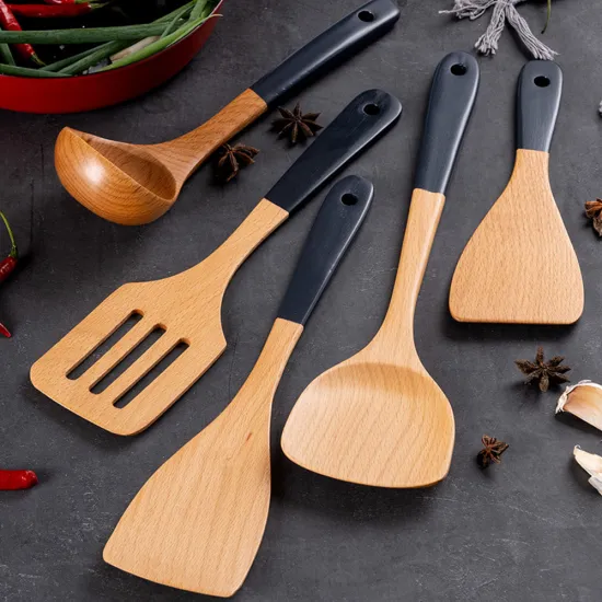 Wholesale Set of Durable Beech Wood Slotted Turner and Ladle for Kitchen Cooking
