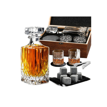 Customized Logo Crystal Glass Whiskey Decanter Set with 2 Whisky Glasses and 8 Stones in Wooden Box