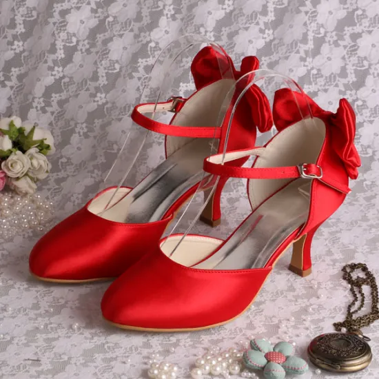 Mid Heels Red Bridesmaid Shoes with Bowtie