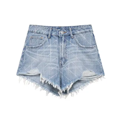 2024 Women's Summer Retro Raw Edge Bermuda Casual High Waist Denim Shorts