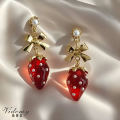 Elegant Red Strawberry Pearl Pendant Earrings
