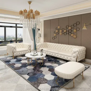 Lux Home Living Room: Golden Leg Beige Leather Sofa Set