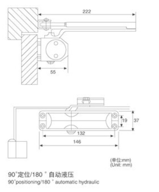 Справочный чертеж размеров дверного доводчика