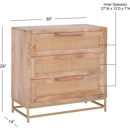 Natural Rattan and Gold Base 3 Drawer Danika Cabinet, Three, Brown