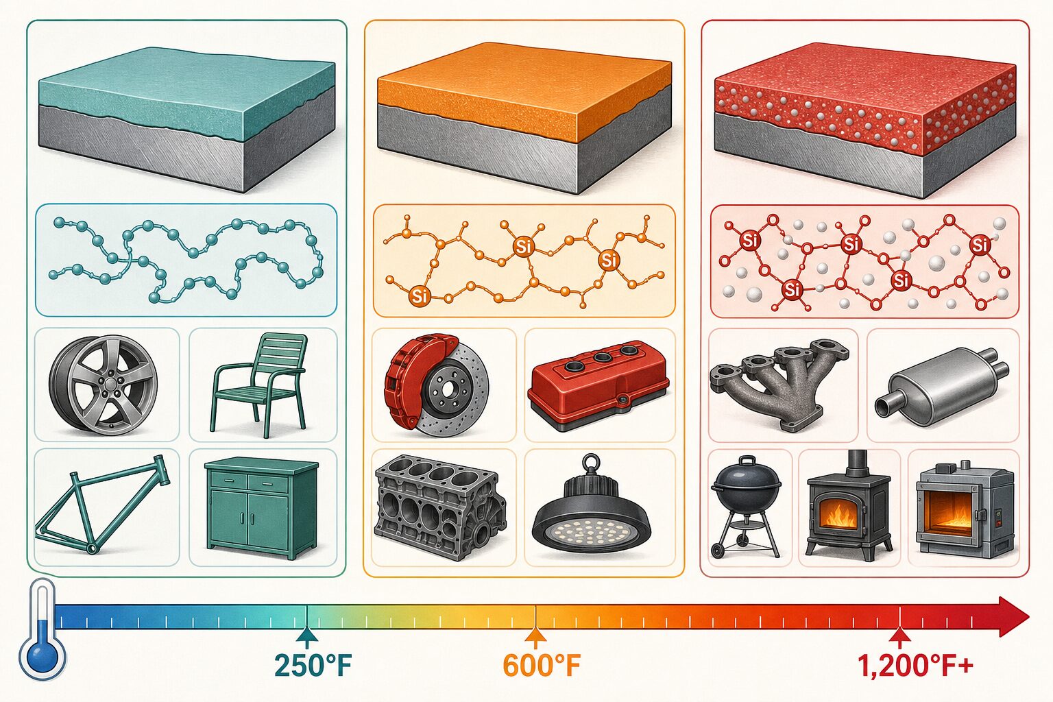 Textbook illustration comparing standard medium heat and extreme high temperature powder coating types