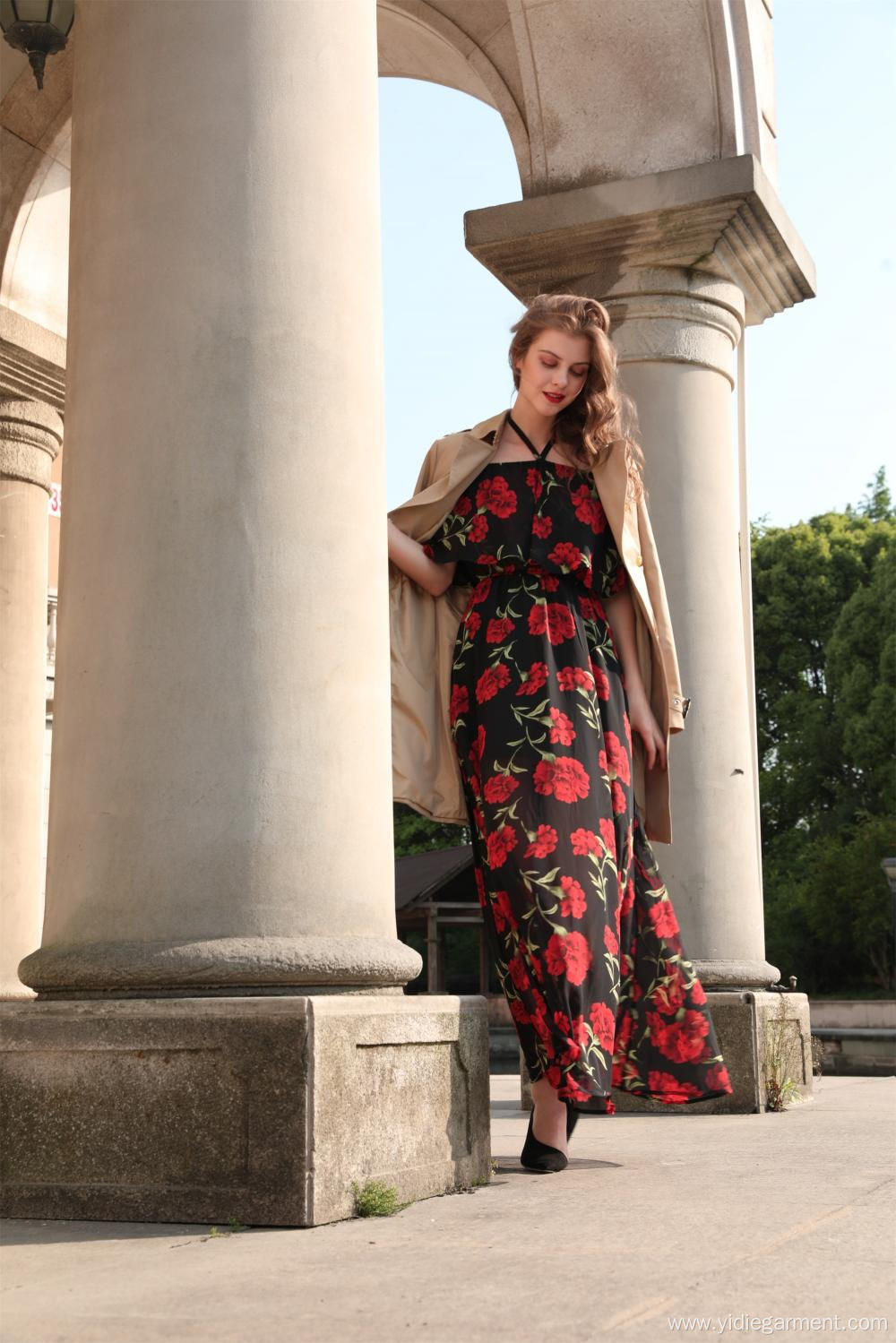 Red Floral Off Shoulder Maxi Dress