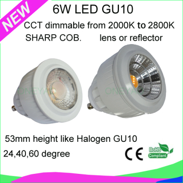 56mm height 6W CCT rang LED GU10 from 2000K to 2800K adjustable dimmable LED GU10