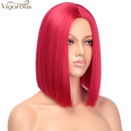 Vigorous Red Bob Wig Synthetic Straight Hair Wig for Women Middle Part Colorful Bob Wigs for Party & Cosplay Use