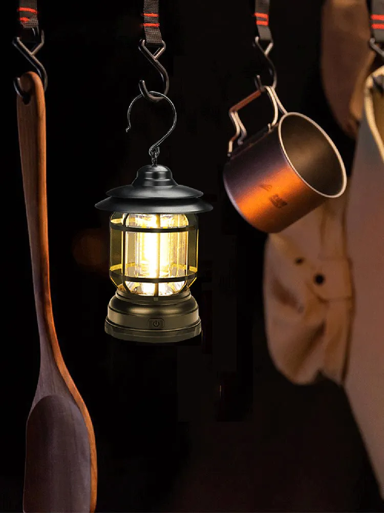 Linterna LED portátil para acampar con diseño retro y batería recargable