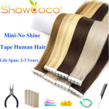 ShowCoco Mini Tape in Human Hair Extensions Virgin Remy Natural 2-3Years Double Sided Real Hair Skin Weft Balayage Tape on Hair