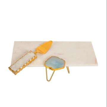 Wholesale Luxury White Marble Cake Trays with Agate Stones