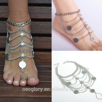 Fashion Golden Multi Row Chains Layered Metal Charms Flower Coin Beads Anklet with Toe ring Whole Sale Beach Wear