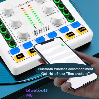 Wireless Digital Audio Mixer with Noise Reduction M8 Sound Card for Live Streaming, Broadcast, Podcasting