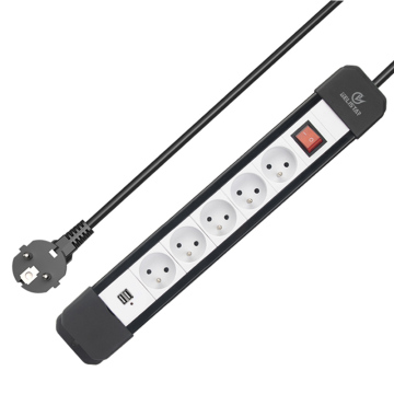 French Standard 5 Outlet Extension Socket with 1.5m Cable and 2 USB Ports - Black Power Strip