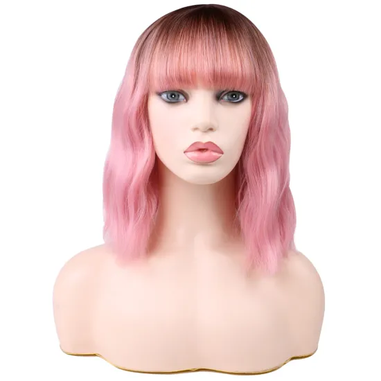 Wholesale Machine Made Water Wave Pink Wig With Bangs Cheap Cosplay Pixie Curls Short Bob Synthetic Hair Wigs With Highlights