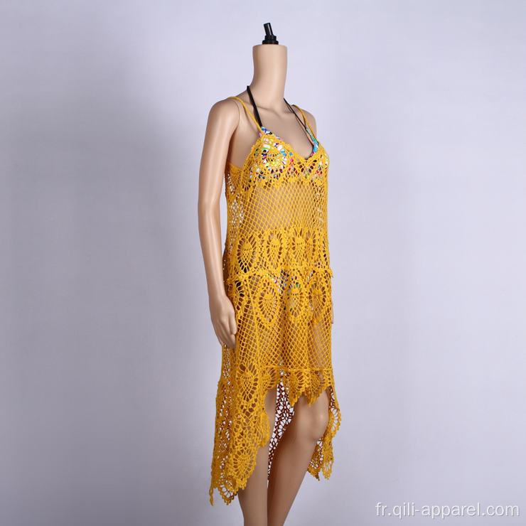 Robe de plage sans manches jaune enveloppe d&#39;été sexy beachwear