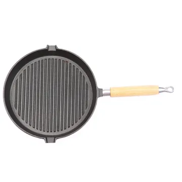 Round Cast-iron Skillet Pan with Wooden Handle