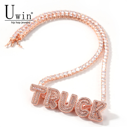 Uwin Name Necklace Baguette Letters With Tennis Chain Full Iced Out Zircon Pendant Gift HipHop Jewelry