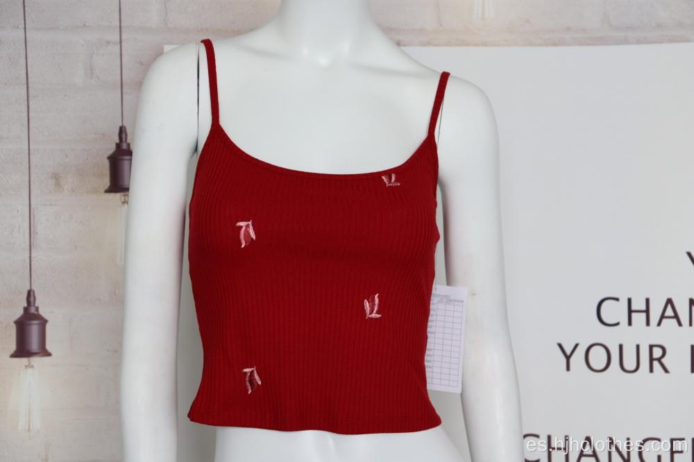 Camiseta sin mangas con cuello halter bordada roja para mujer