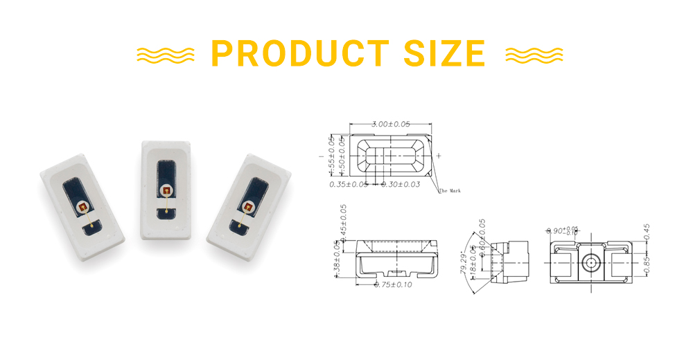 Size of 3015FRC63D3L14 Super Bright Red LED 635nm Side Emitting LED