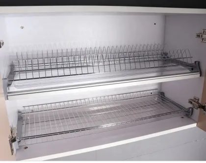Aluminum dish drain storage rack above kitchen sink