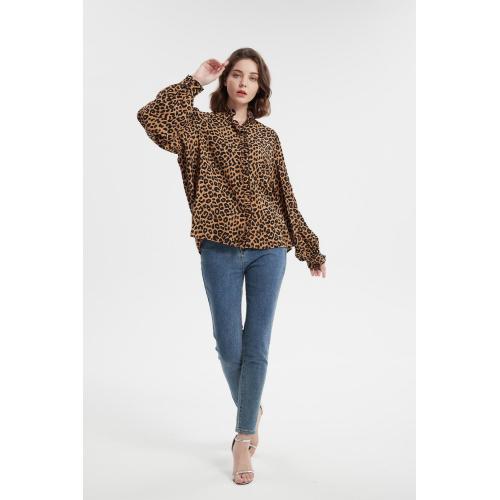 Long sleeve ruffle collar animal print blouse