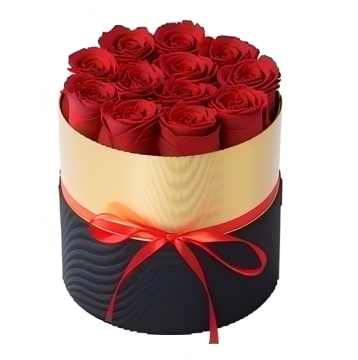 12 Red Preserve Roses Round Silk Gold Trimmed Gift Box