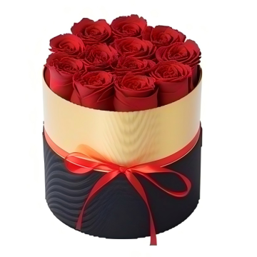 Coffret cadeau rond en soie à bordure dorée de 12 roses rouges préservées