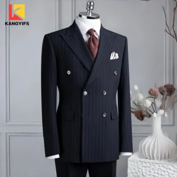 Double Breasted Navy Blue Striped Formal Evening Suit
