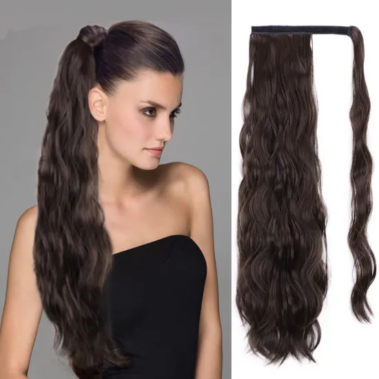 Vigorous 24 Inch Long Wavy Ponytail Hair Extension Wrap Around Ponytail Black Dark Auburn Clip in on Hair Extensions for Women