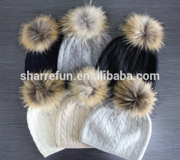 factory wholesale 7gg cable knit 100% cashmere raccoon fur bobble hats