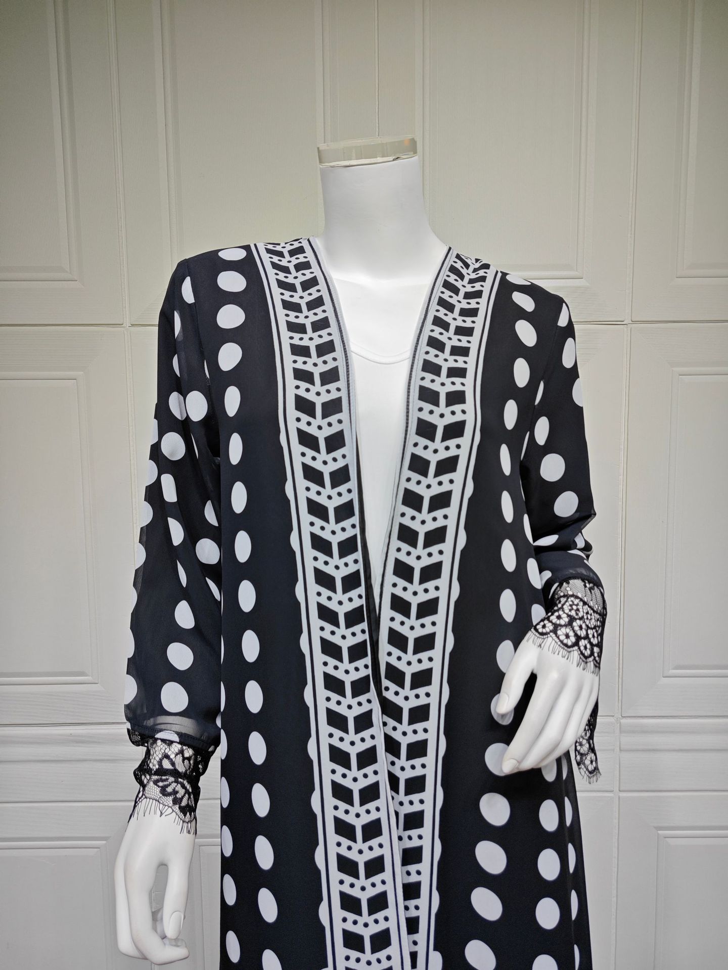 Polka Dot Print Chiffon Open Abaya Set MQ273 (4)