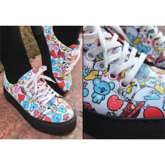 BTS BT21 Collage Women Sneaker Shoes Flat Shoes Cozy Sneakers New Fashion Kpop K-pop K pop Logo Bts bt21