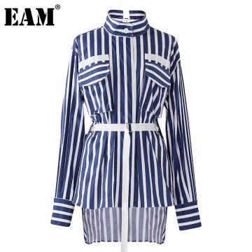 [EAM] Women Vertical Striped Irregular Bandage Blouse New Lapel Long Sleeve Loose Fit Shirt Fashion Spring Autumn 2021 1DC164